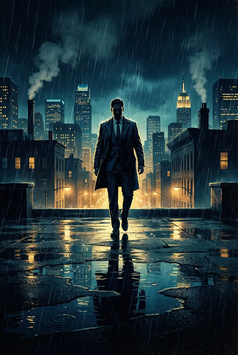 武汉蜜芽传媒科技有限公司 出品影片《雨夜独行者》海报，雨中城市屋顶男性剪影